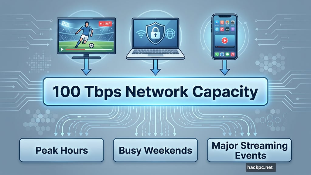 100Tbps network capacity handles peak hours and major streaming events