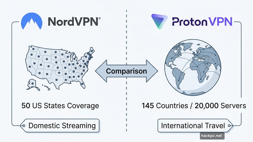 NordVPN US state coverage compared to Proton VPN global server network