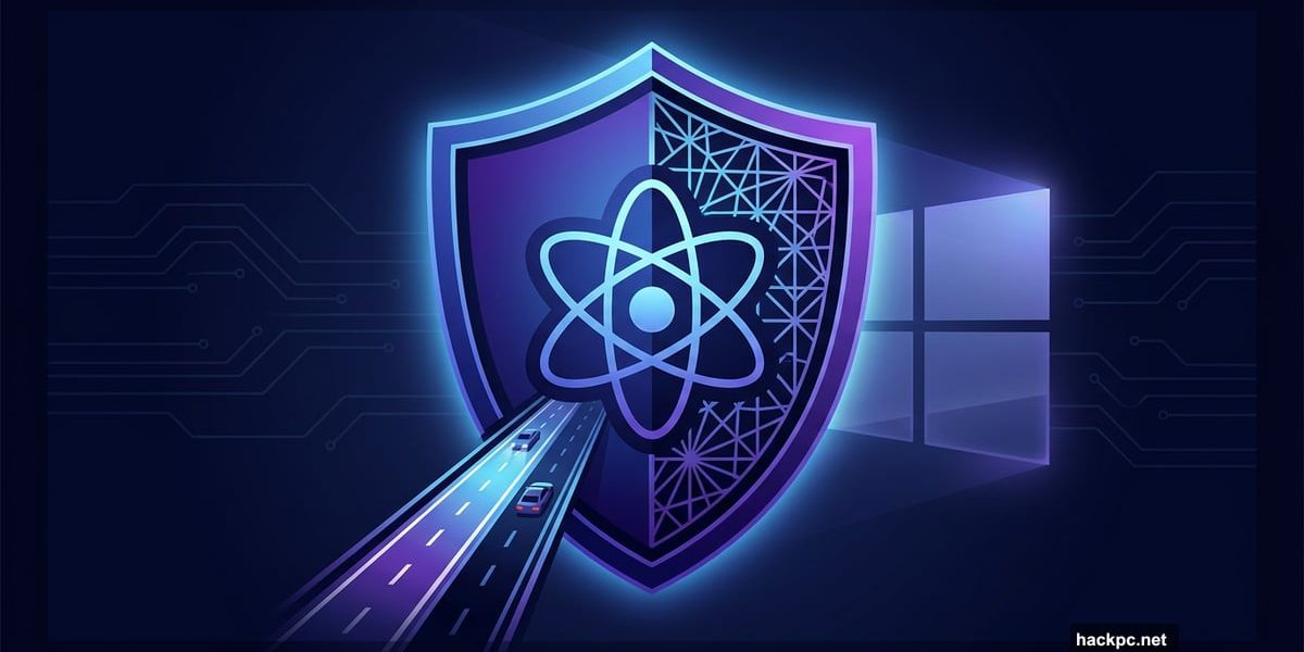 Glowing quantum security shield with split-tunnel symbol for NymVPN Windows update