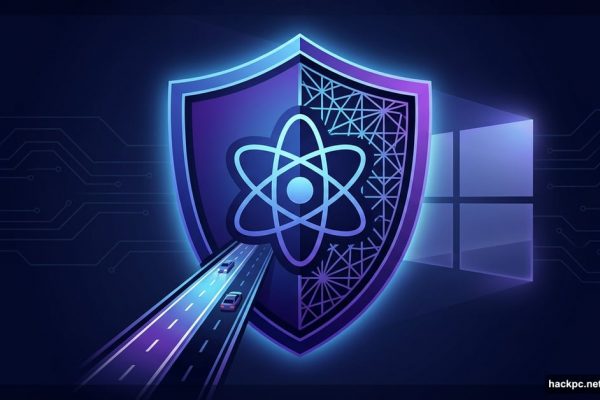 Glowing quantum security shield with split-tunnel symbol for NymVPN Windows update
