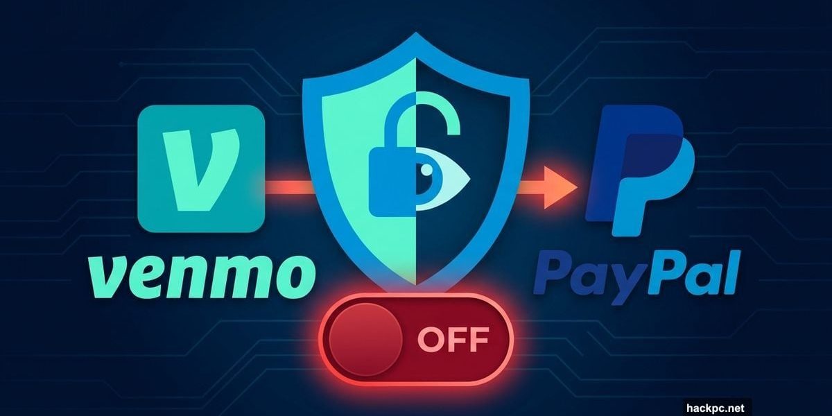 Venmo and PayPal logos split by a shield with privacy toggle warning