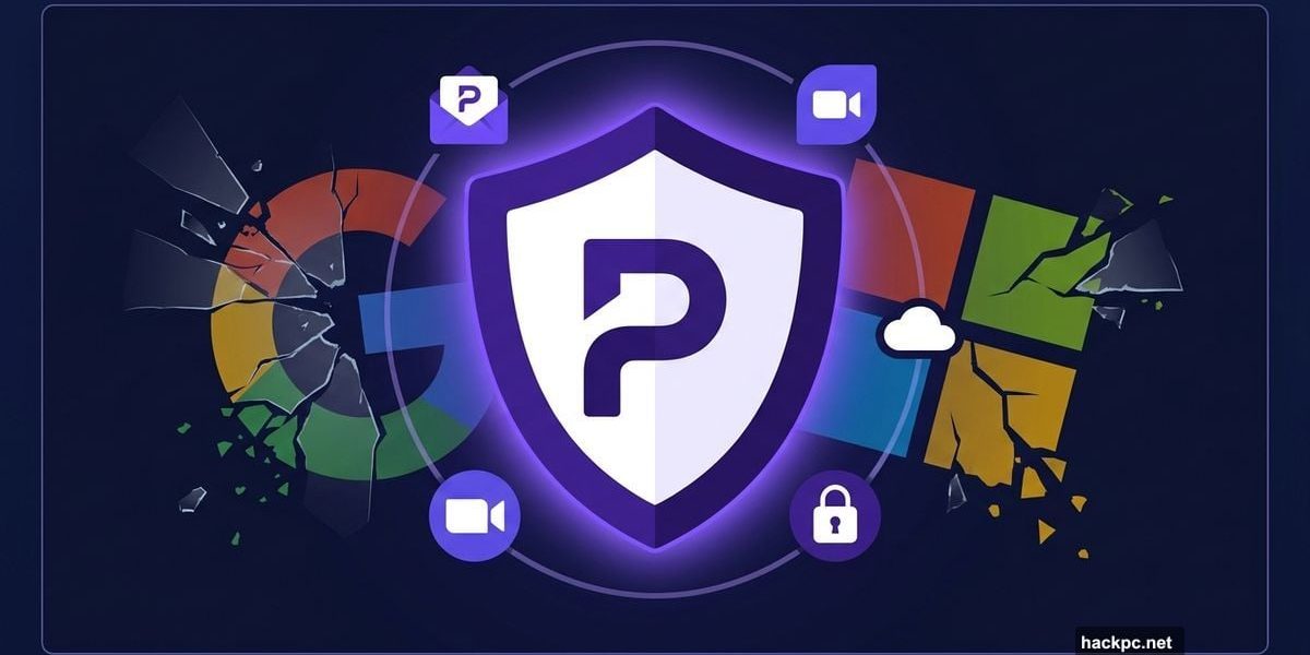 Proton shield replacing crumbling Google and Microsoft workspace logos