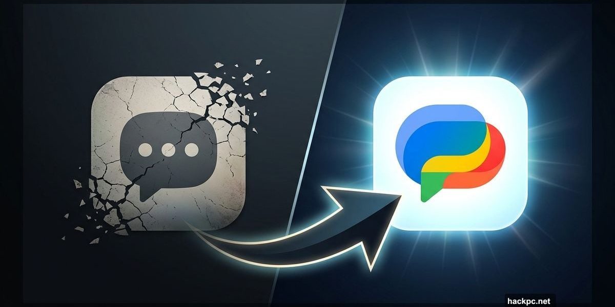 Samsung Messages icon fading out as Google Messages icon glows brightly