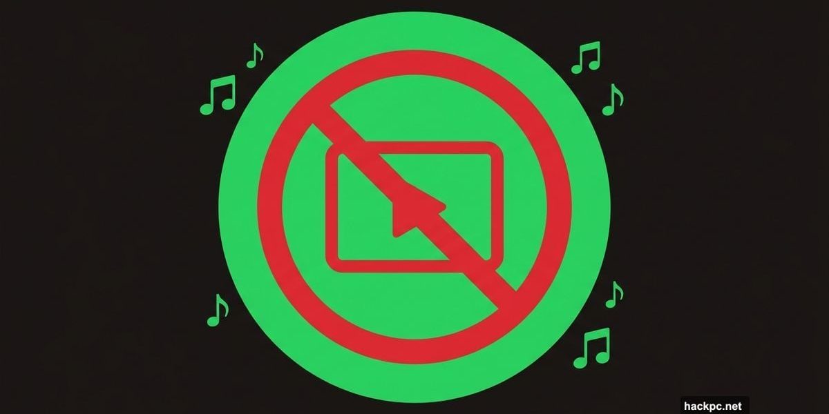 Spotify logo with video blocked symbol, music notes surrounding it