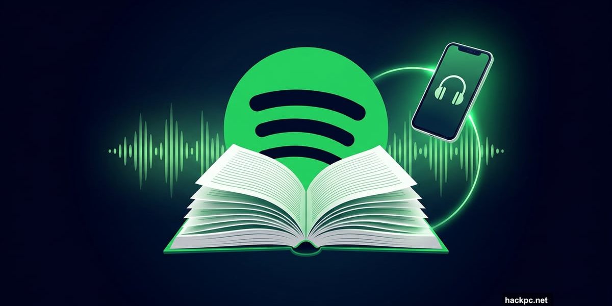 Spotify logo merging with open physical book and audio soundwaves