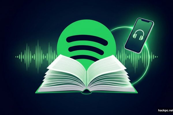 Spotify logo merging with open physical book and audio soundwaves
