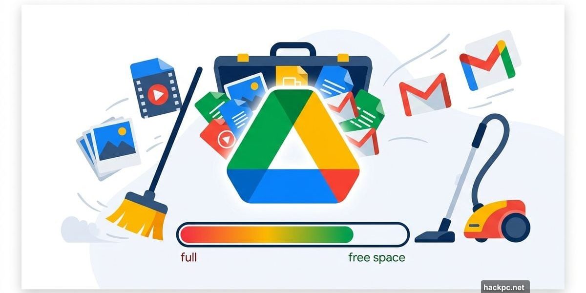 Overflowing Google Drive icon with files being cleared for free space