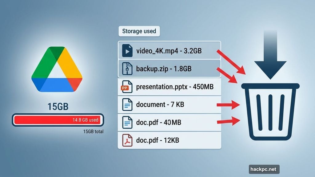Google Drive files sorted by Storage used to delete largest files