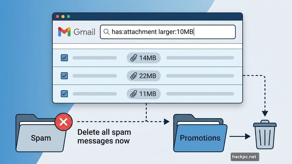Gmail search has attachment larger than 10MB and empty spam folder