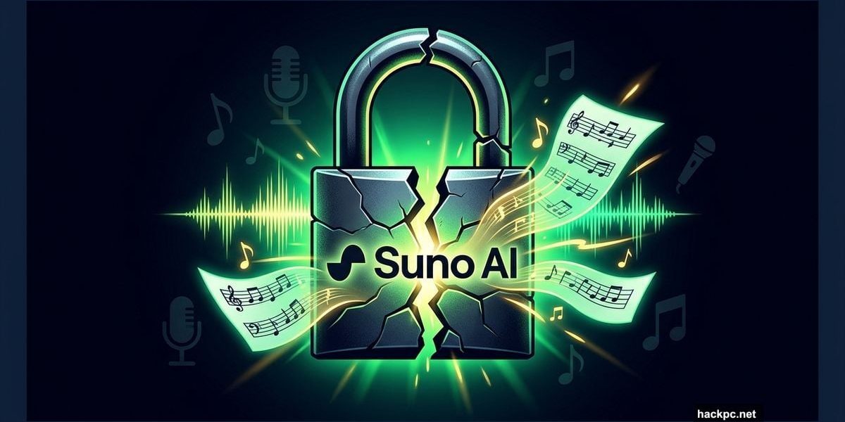 Cracked Suno AI padlock releasing stolen musical waveforms and copyrighted music