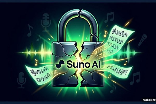 Cracked Suno AI padlock releasing stolen musical waveforms and copyrighted music