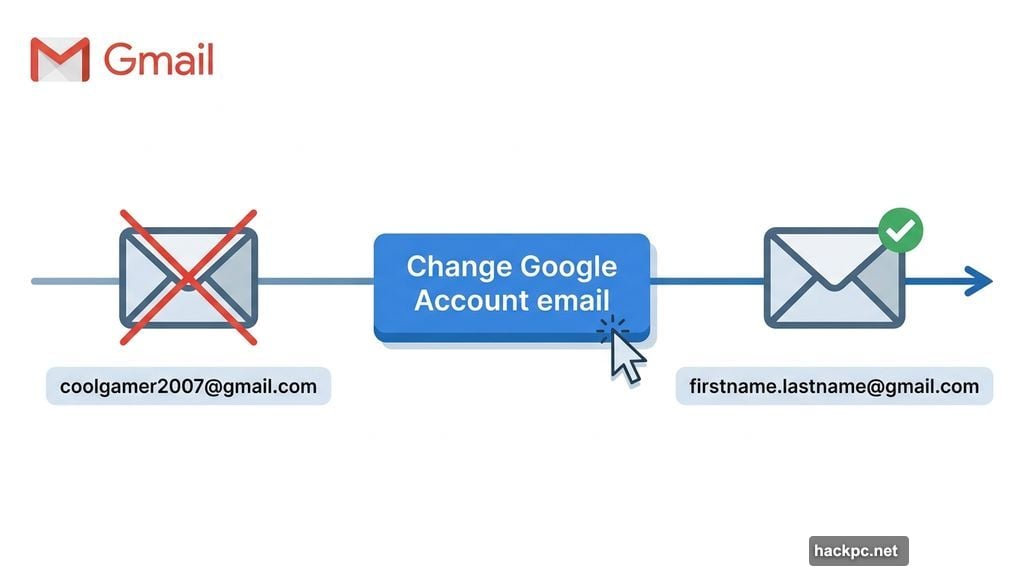 Gmail username change from embarrassing address to professional email