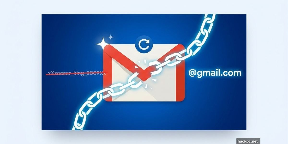 Gmail logo with old embarrassing username being replaced by new address