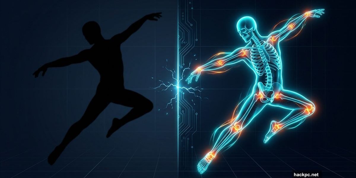 2D video silhouette transforming into glowing 3D animated skeleton character
