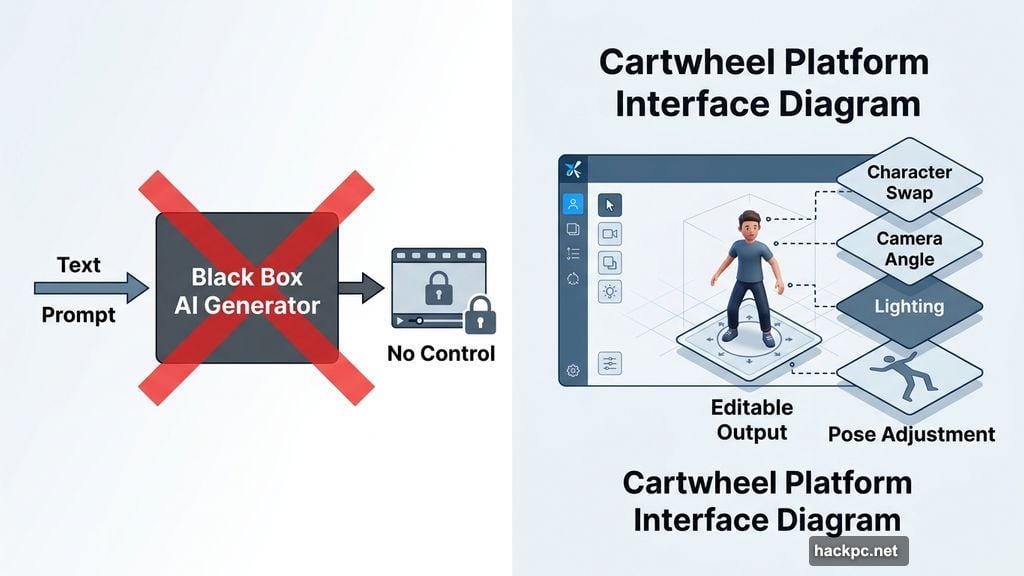 Cartwheel editable 3D output versus black box AI generator comparison