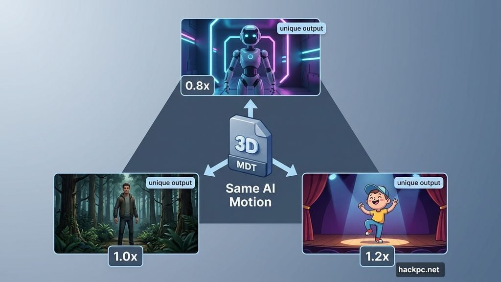 Same 3D motion applied to different characters breaks AI sameness problem