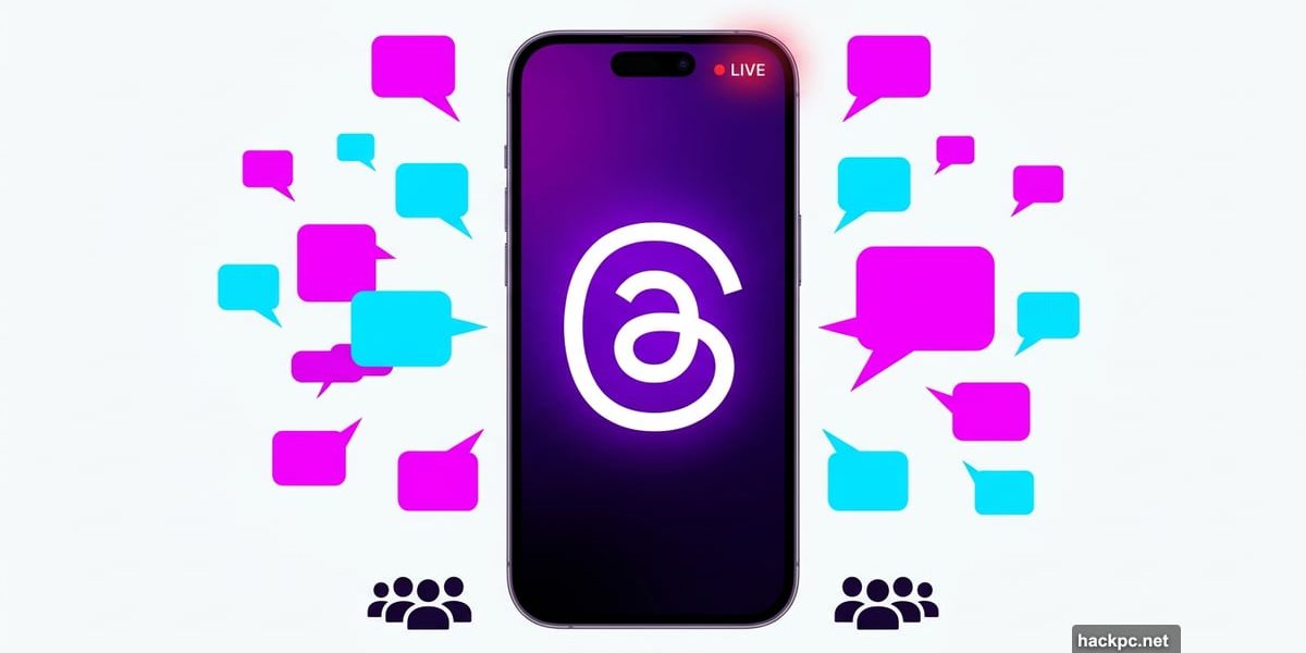 Threads app smartphone with live chat speech bubbles exploding outward