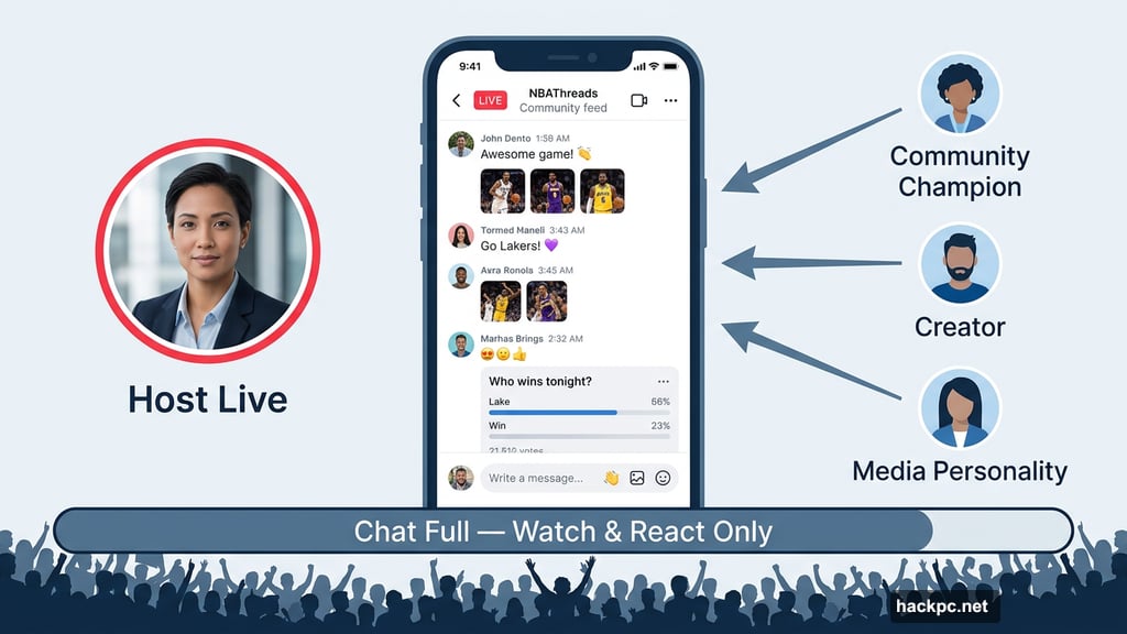 Threads live chat inside NBAThreads Community feed with host profiles visible