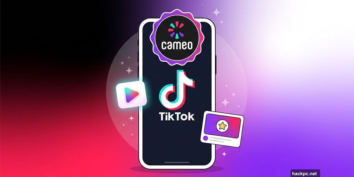 Smartphone showing TikTok and Cameo logos merging for personalized fan videos