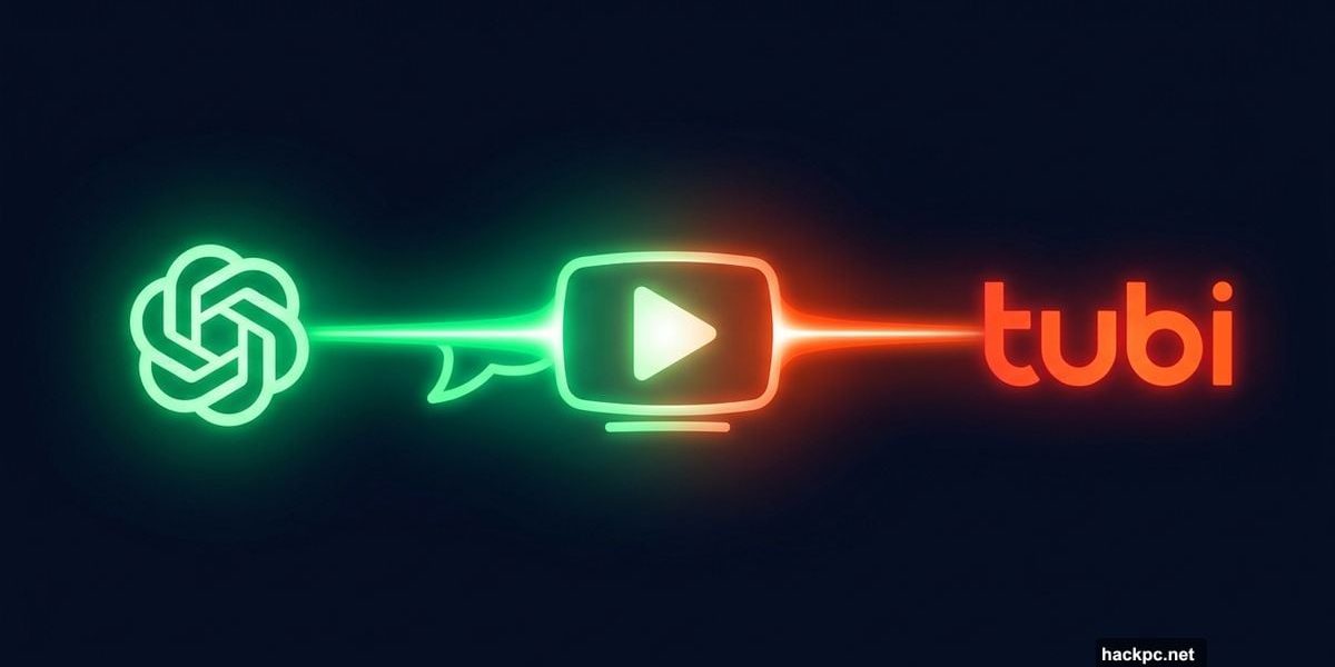 ChatGPT logo connected to Tubi logo via glowing streaming play button