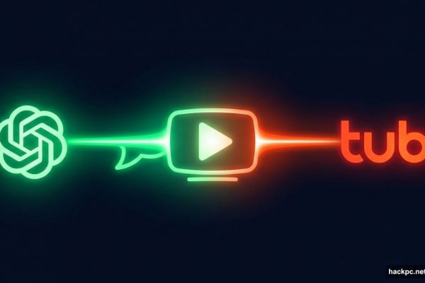 ChatGPT logo connected to Tubi logo via glowing streaming play button