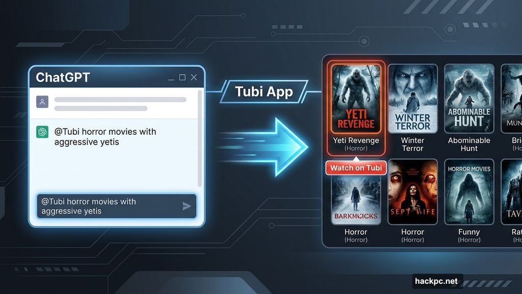 Type @Tubi into ChatGPT prompt to find streaming content