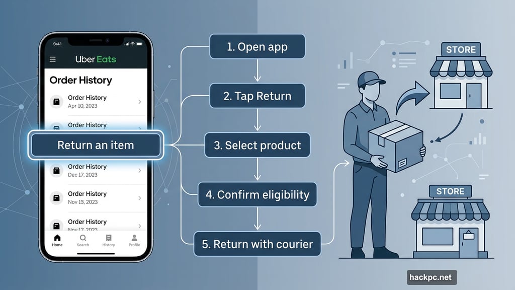 Uber Eats app return process step-by-step from order history