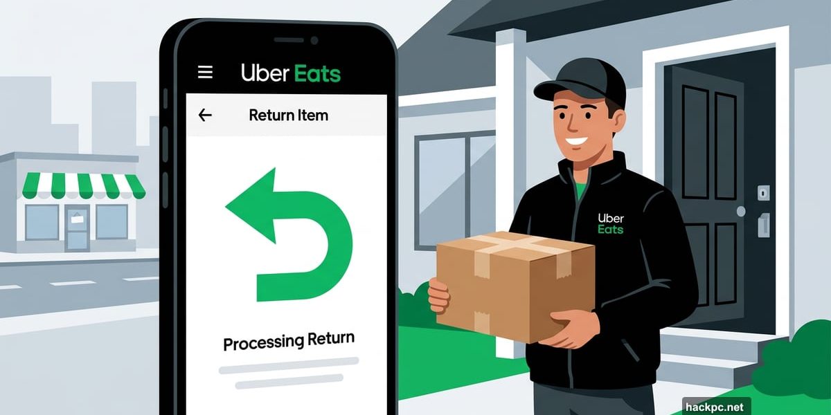 Uber Eats courier picking up a retail return package at doorstep