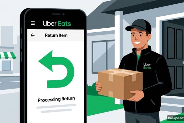 Uber Eats courier picking up a retail return package at doorstep