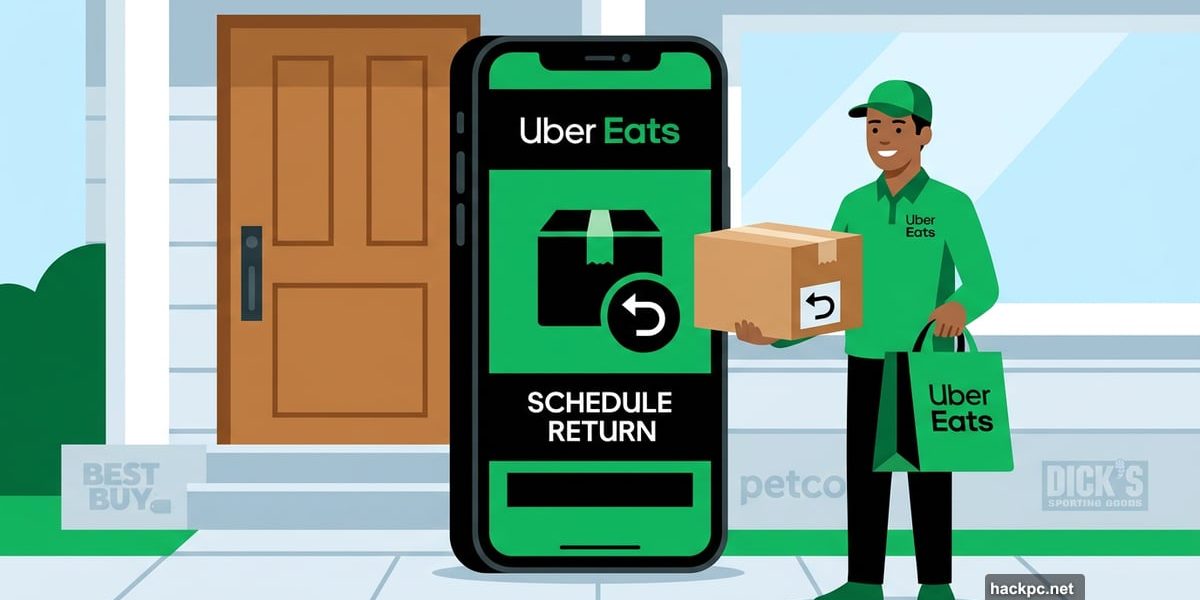 Uber Eats courier picking up a retail return package from doorstep