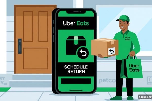Uber Eats courier picking up a retail return package from doorstep