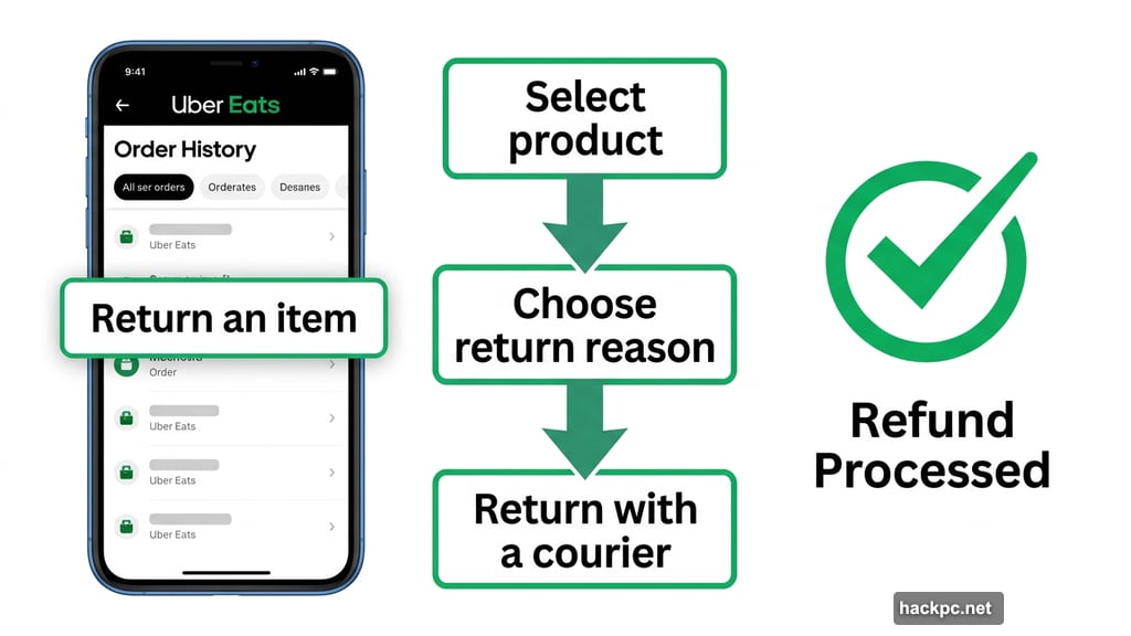 Uber Eats app return feature steps from order history to refund