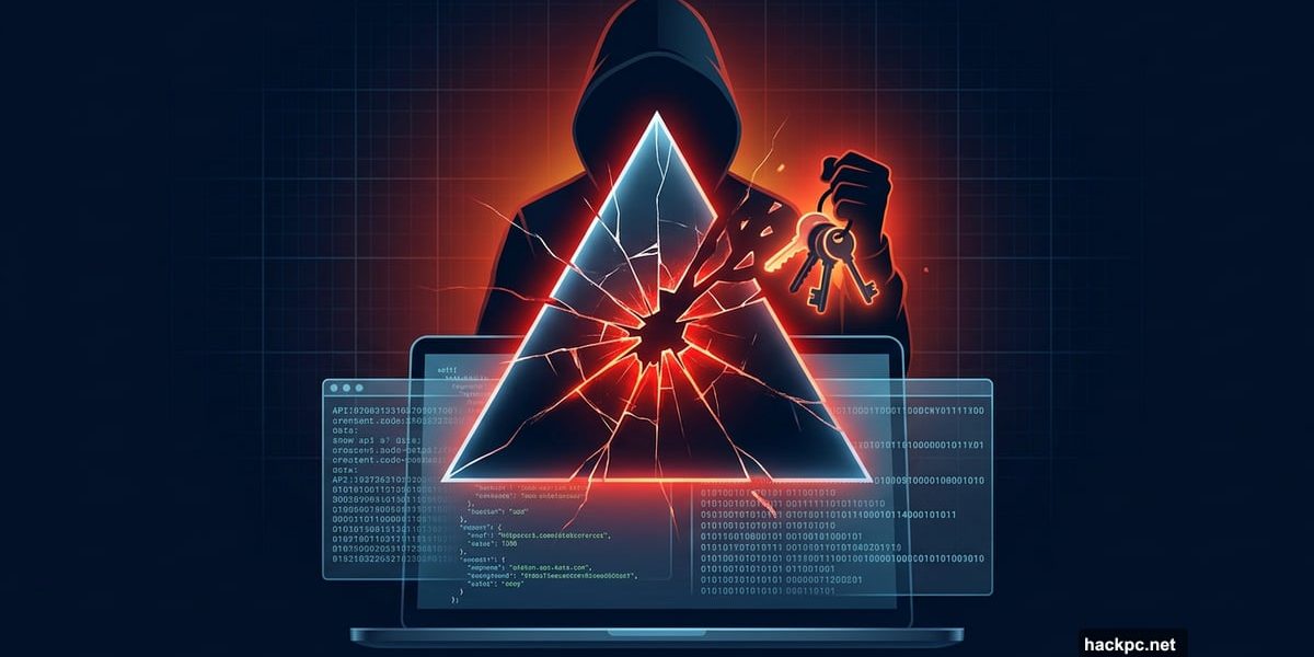 Cracked Vercel logo with shadowy hacker stealing digital keys