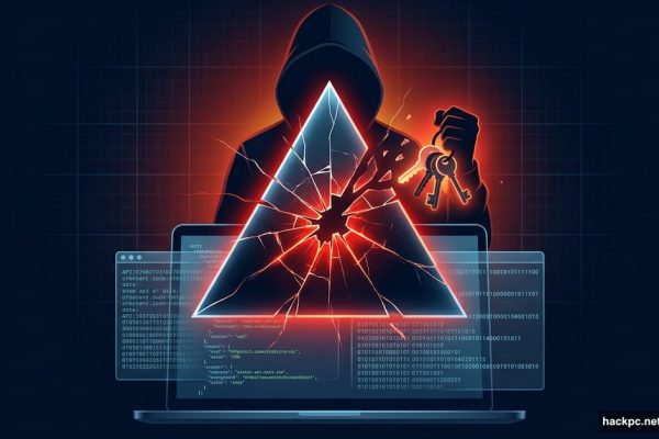 Cracked Vercel logo with shadowy hacker stealing digital keys