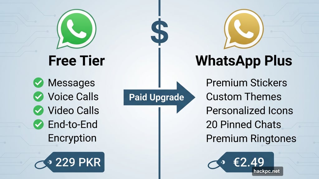 WhatsApp Plus paid tier adds premium features above free messaging