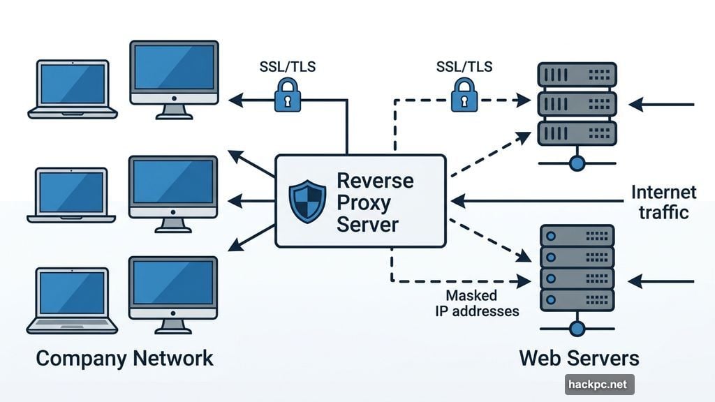 Reverse proxy server hides web server addresses from outside traffic