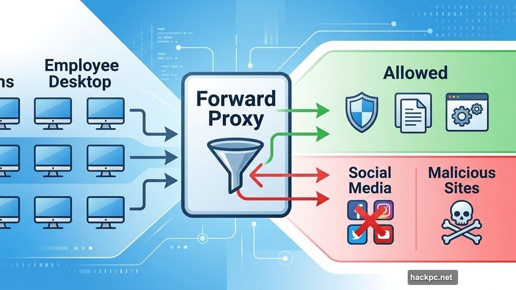 Forward proxy filters employee web access blocking social media and malicious sites