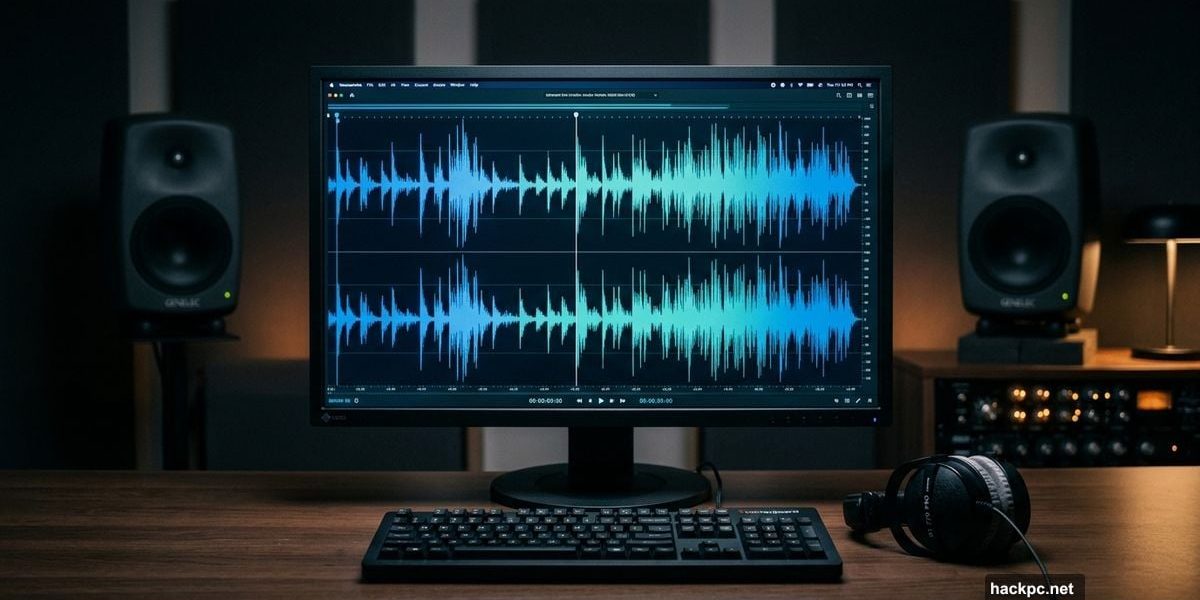 Professional audio editor displaying a precise stereo waveform on dark monitor