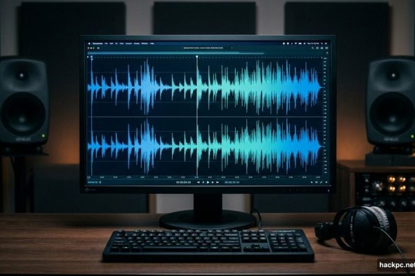 Professional audio editor displaying a precise stereo waveform on dark monitor