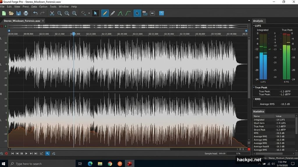Sound Forge Pro waveform editor showing LUFS statistics scan results