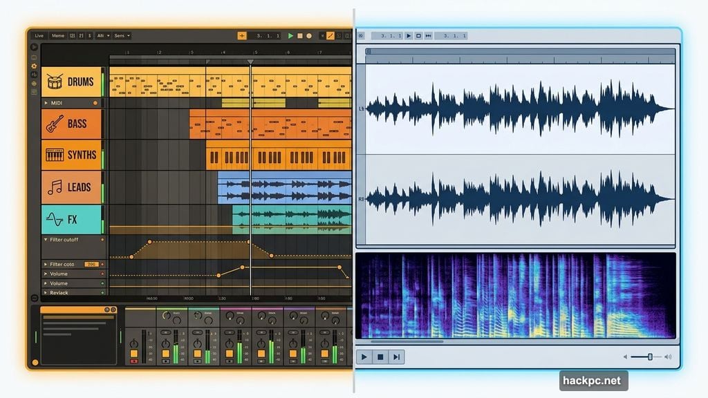Side-by-side comparison of Ableton Live mix session versus dedicated audio editor