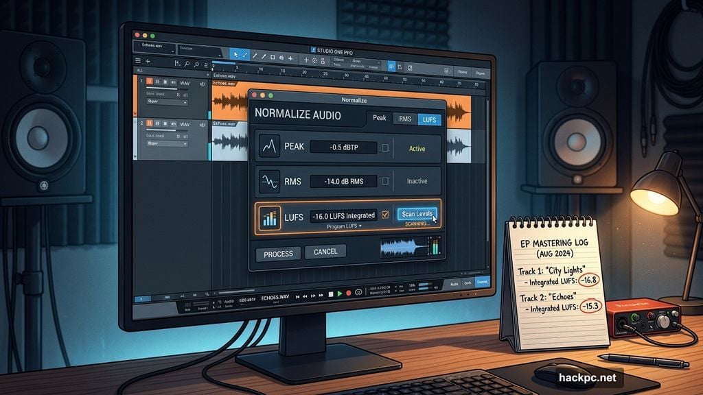 Audio normalization dialog showing Peak, RMS, and LUFS settings with notepad