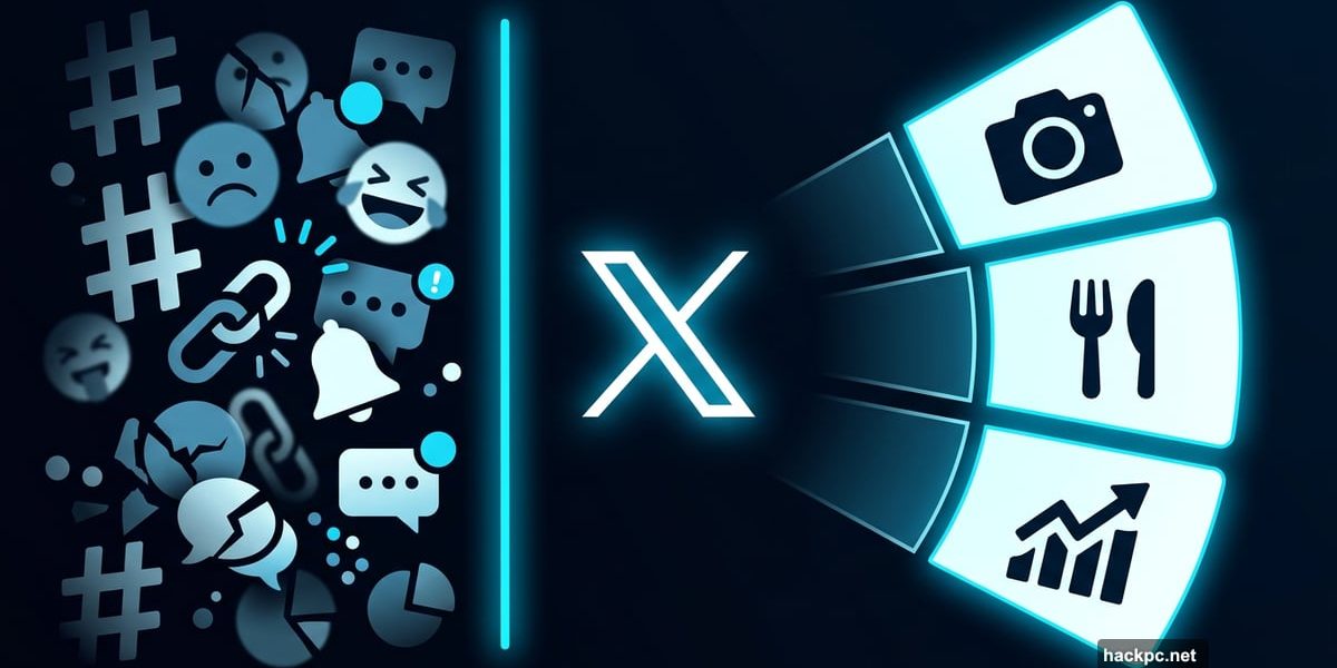 X app logo with organized custom topic feed panels branching outward