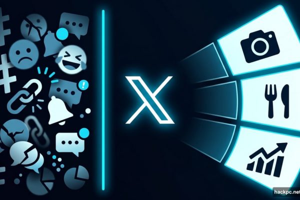 X app logo with organized custom topic feed panels branching outward