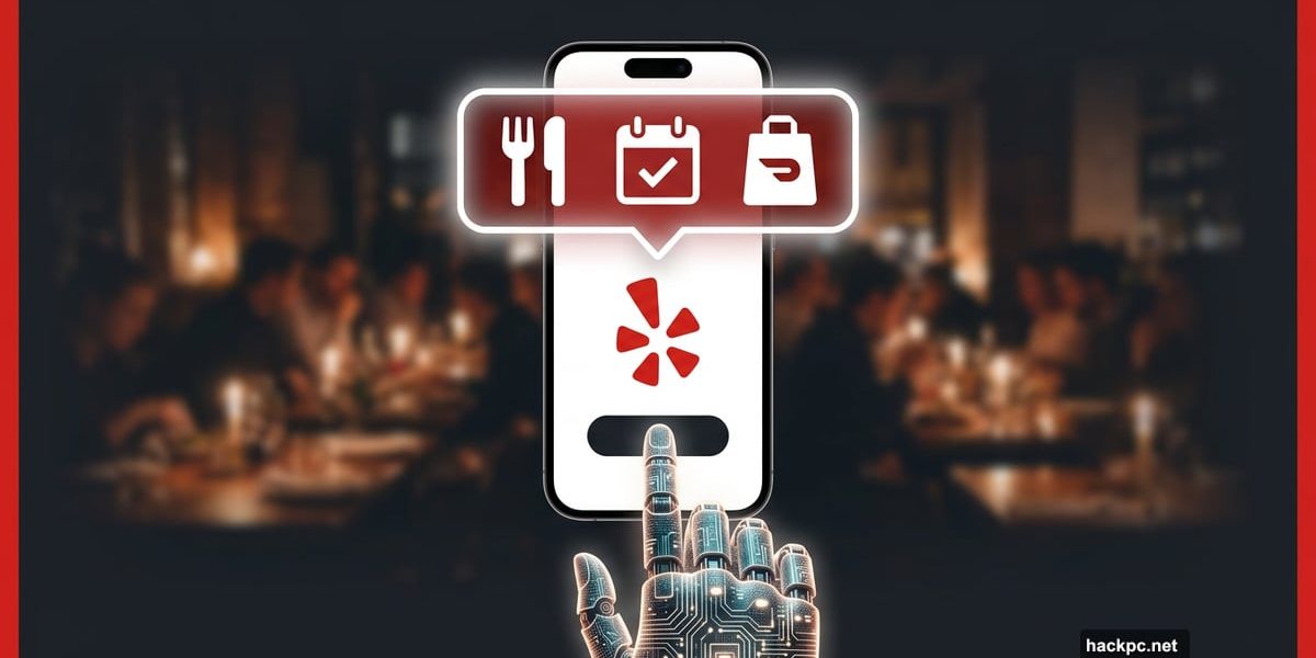 Smartphone with Yelp AI assistant booking a restaurant reservation automatically