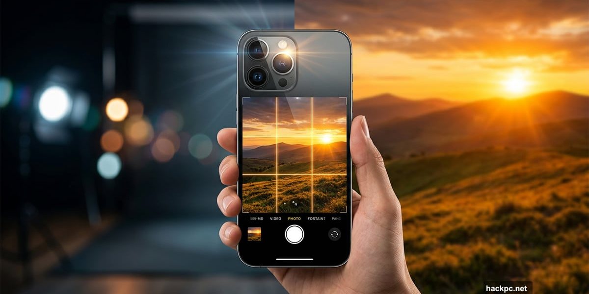 iPhone camera capturing a professional-quality photo with grid overlay