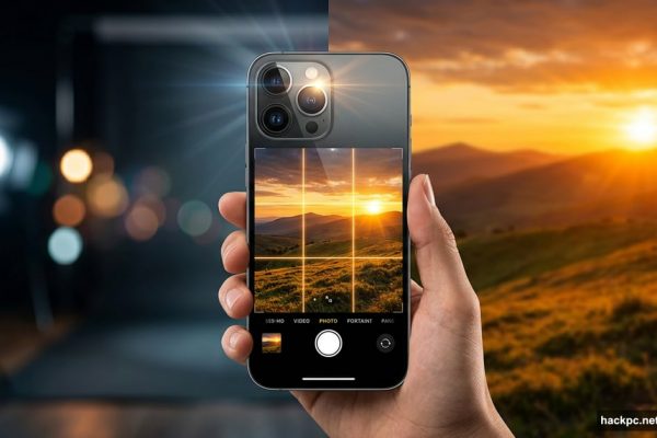 iPhone camera capturing a professional-quality photo with grid overlay