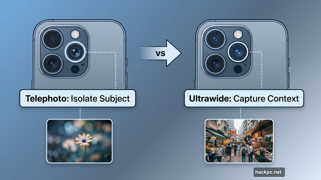 iPhone 17 Pro telephoto lens isolating subject versus ultrawide capturing context
