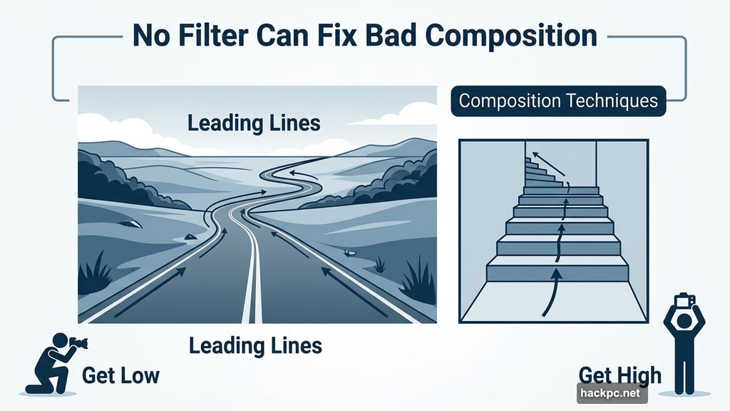 Leading lines roads staircases create depth and draw the eye