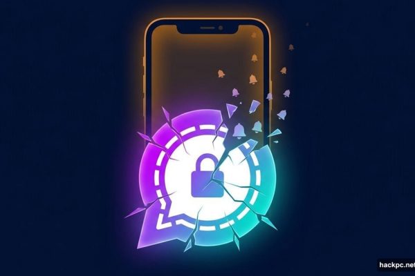 Signal app logo shattering with messages trapped inside iPhone silhouette